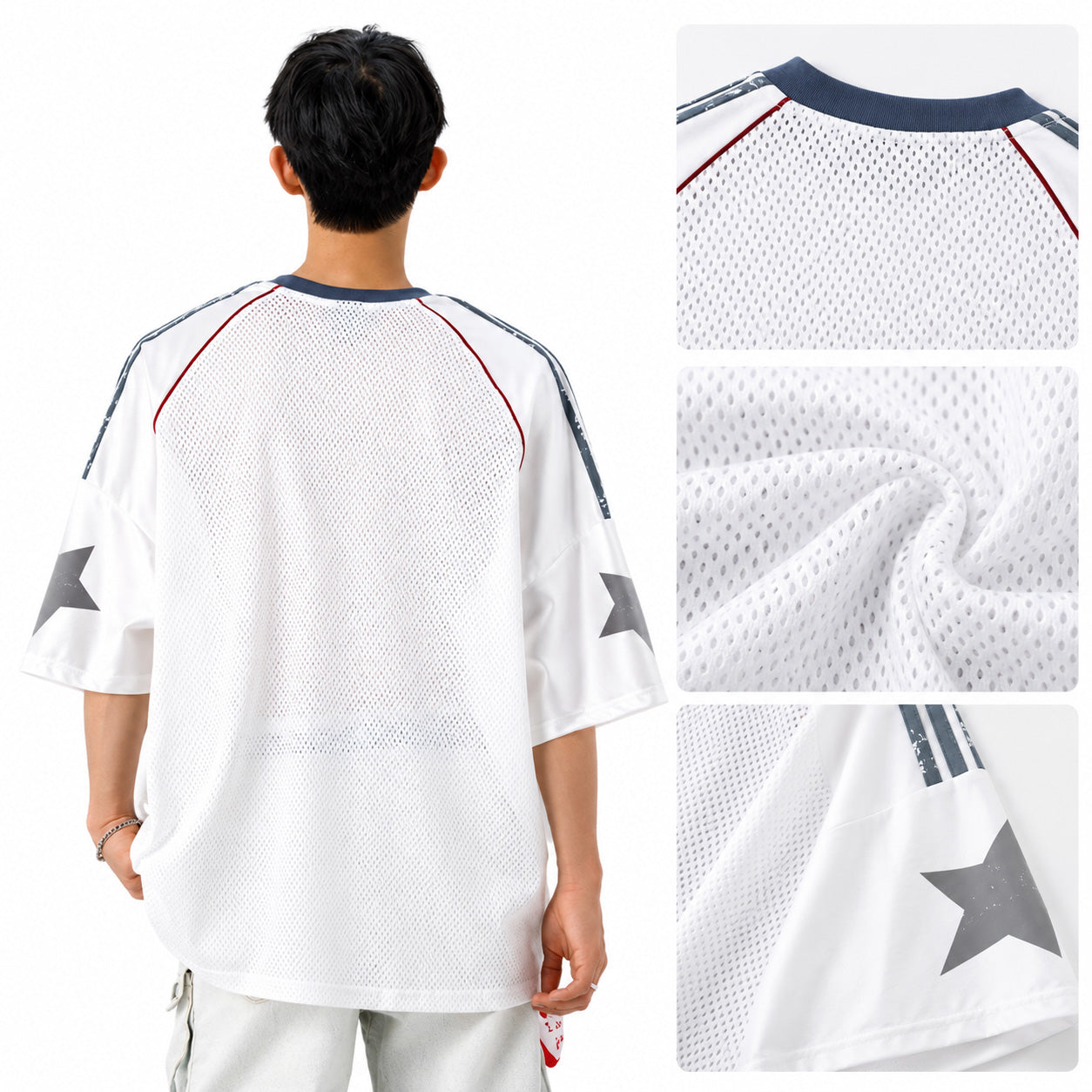 メッシュ ナンバージャージ 半袖 Vネック 07デザイン アメフト風 オーバーサイズ M～3XL ホワイト ブラック