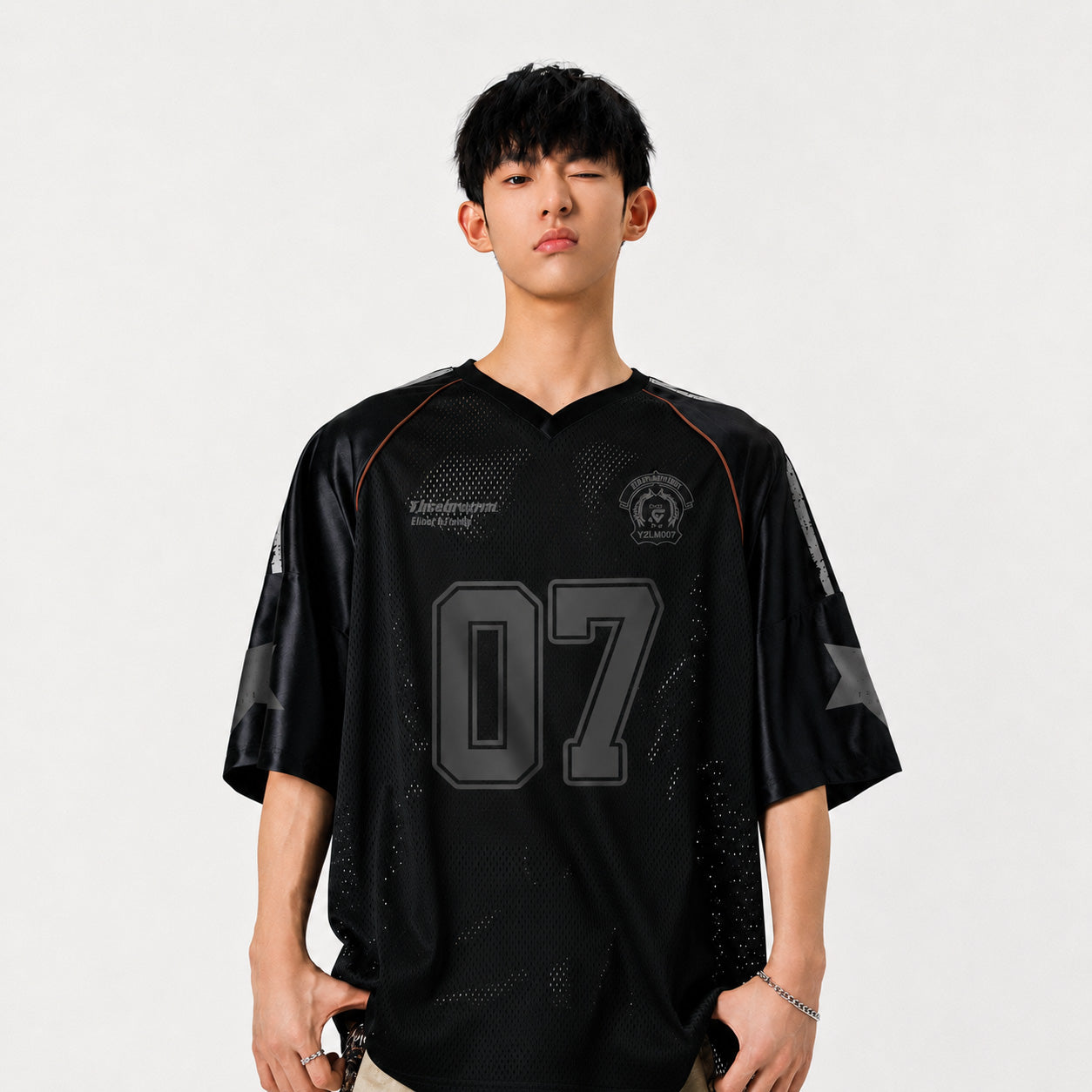 メッシュ ナンバージャージ 半袖 Vネック 07デザイン アメフト風 オーバーサイズ M～3XL ホワイト ブラック