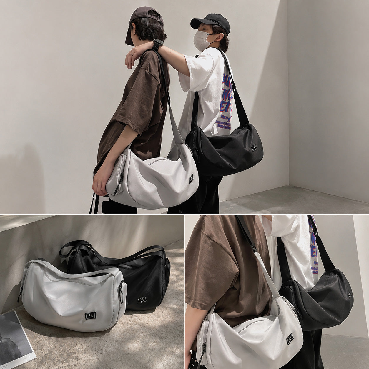 ユニセックス ナイロン ショルダーバッグ 斜め掛け 約40×20×25cm 約260g 長さ調節可能 ダブルファスナー サイドポケット 5カラー スポーツ ジム 旅行 デイリー