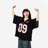 レディース メッシュ ナンバージャージ 半袖 Vネック オーバーサイズ スポーツユニフォーム風 09デザイン M～3XL ホワイト ブラック グリーン ネイビー