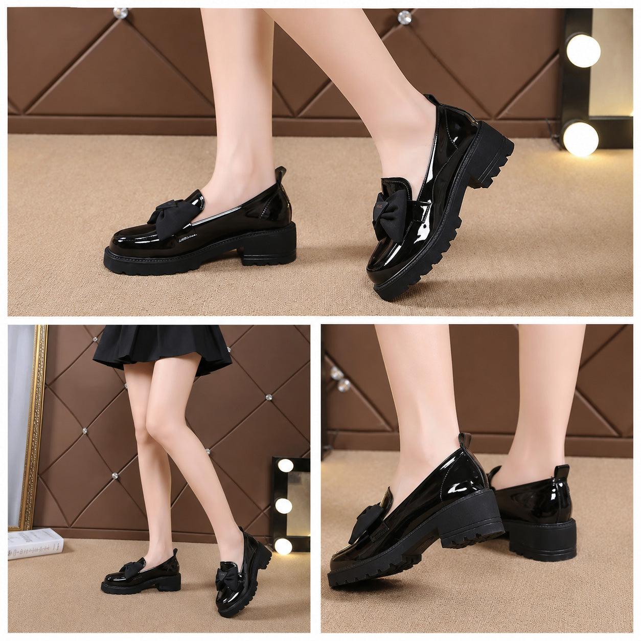 レディース ローファー リボン付き 光沢PU 厚底 チャンキーヒール 約5cm ブラック 22.5～25.0cm