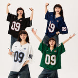 レディース メッシュ ナンバージャージ 半袖 Vネック オーバーサイズ スポーツユニフォーム風 09デザイン M～3XL ホワイト ブラック グリーン ネイビー