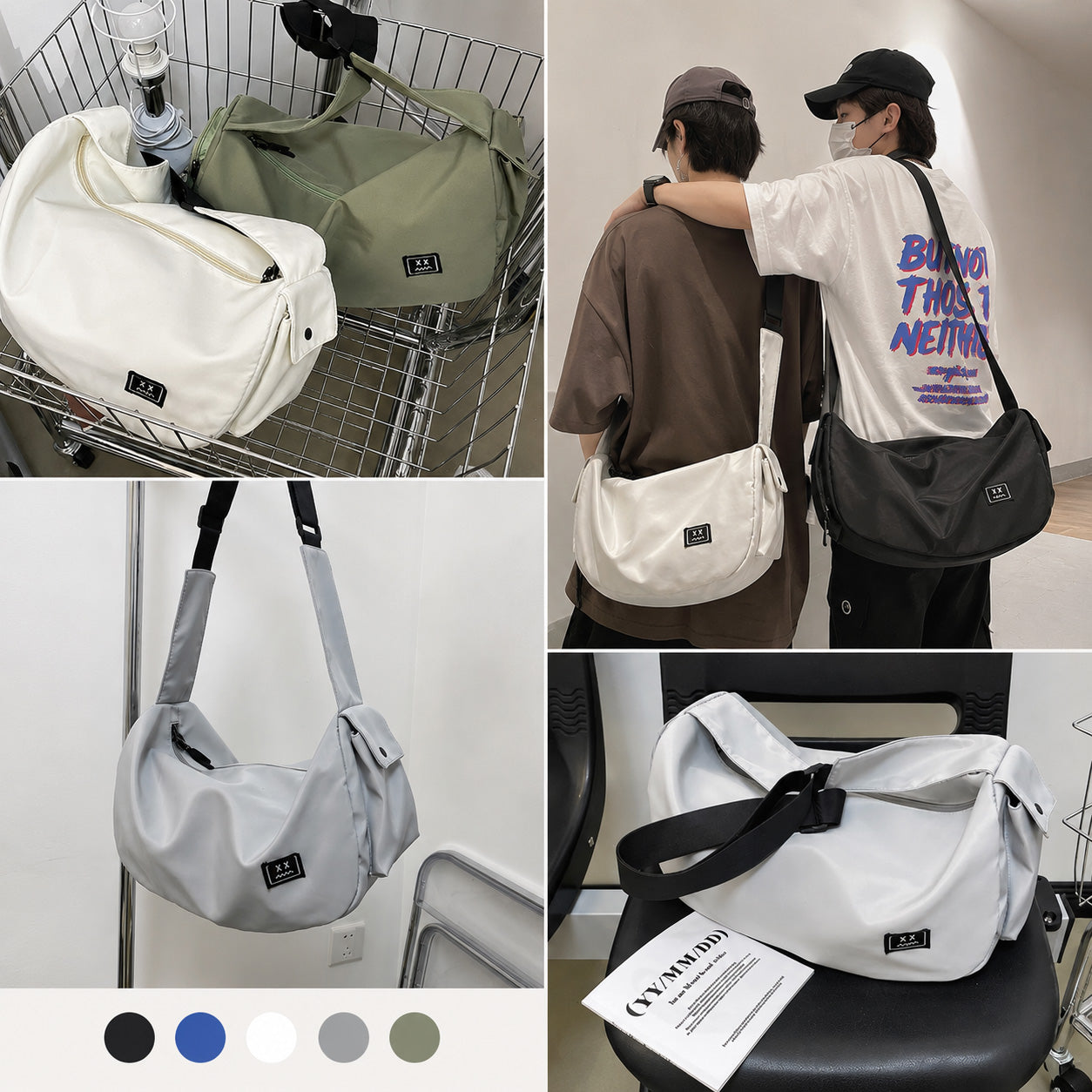 ユニセックス ナイロン ショルダーバッグ 斜め掛け 約40×20×25cm 約260g 長さ調節可能 ダブルファスナー サイドポケット 5カラー スポーツ ジム 旅行 デイリー