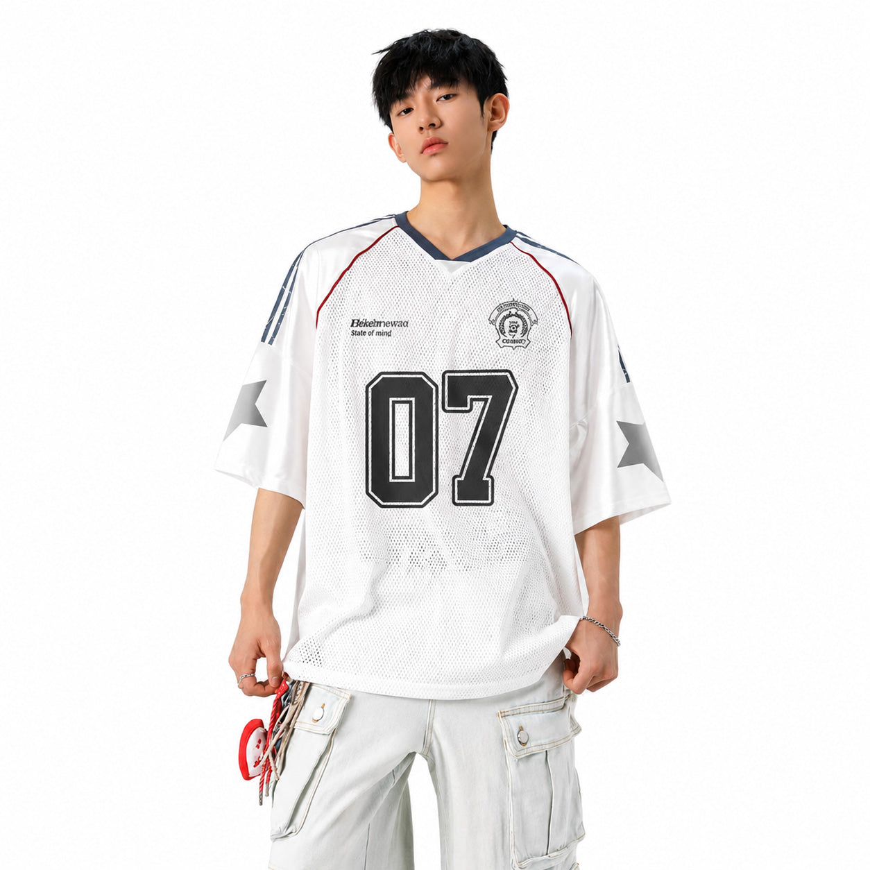 メッシュ ナンバージャージ 半袖 Vネック 07デザイン アメフト風 オーバーサイズ M～3XL ホワイト ブラック